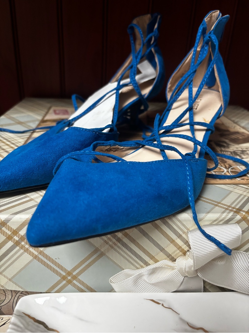 VTG royal blue faux-suede kitten heel pump featuring a strappy ankle-wrap